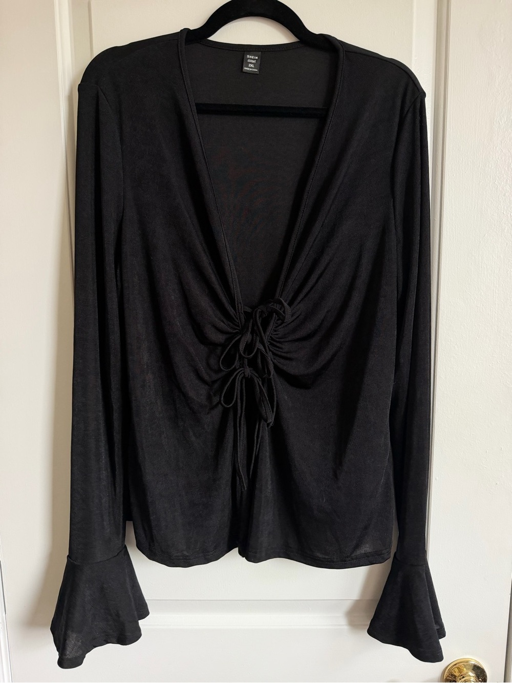 SHEIN Black Long-Sleeve Tie-Front Blouse